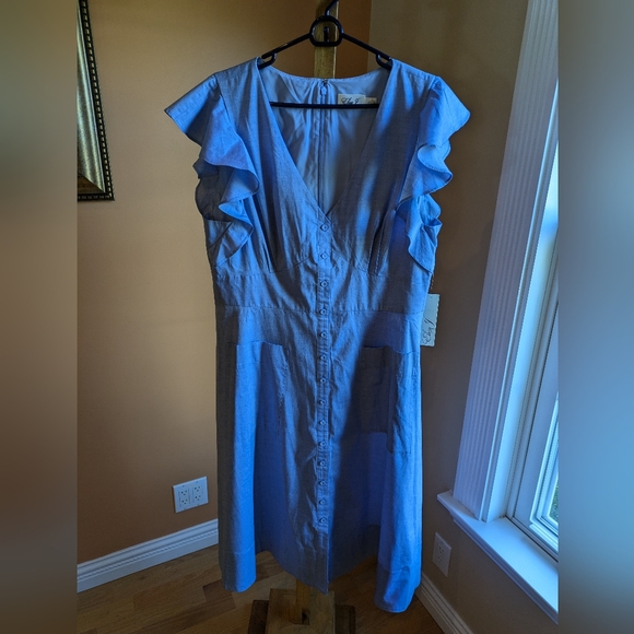 Eliza J Button. Up Soft Denim Midi Dress Women's Butterfly Sleeve - Picture 7 of 13